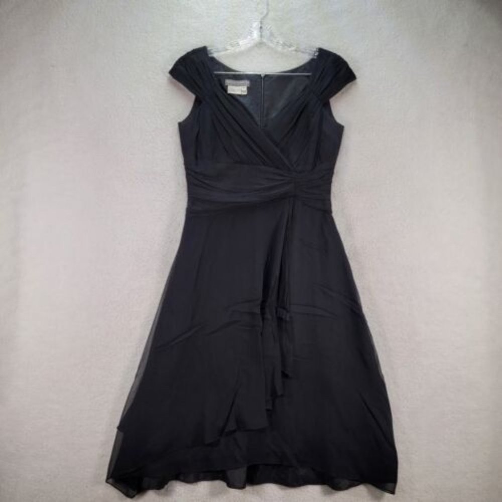 Y2K Maggy London Black Silk Pleated Cap Sleeve Flowy A Line Cocktail Evening